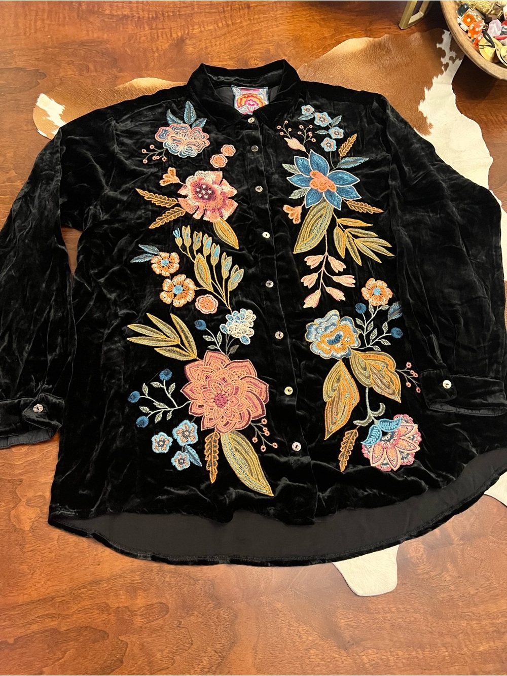 Johnny Was Black Velvet Button-Down Shirt with Multicolor Floral Embroidery